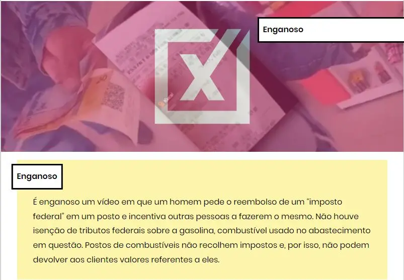 reprodução de imagem do projeto comprova com texto informando que conteúdo analisado é enganoso