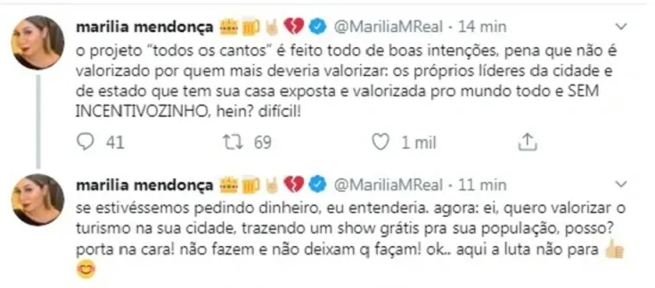 Marília fez a denúncia no seu Twitter à época