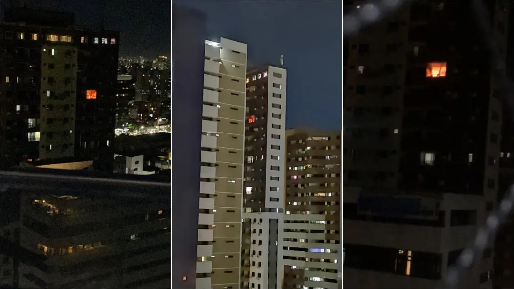 montagem com três fotos de incêndio em hotel de fortaleza