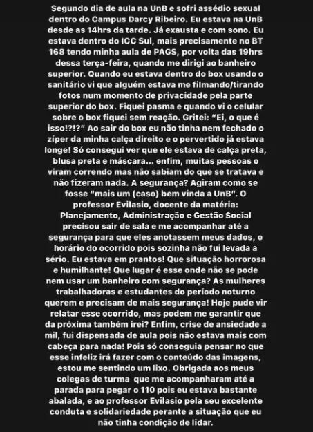 Universitária relata ter sido vítima de assédio em banheiro da UnB