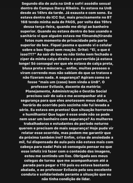 Universitária relata ter sido vítima de assédio em banheiro da UnB