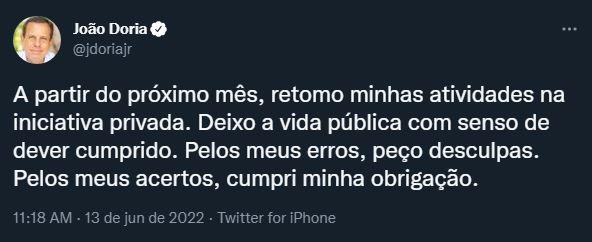 Publicação de João Doria no Twitter