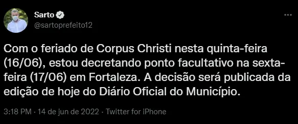 tuíte de josé sarto prefeito de fortaleza