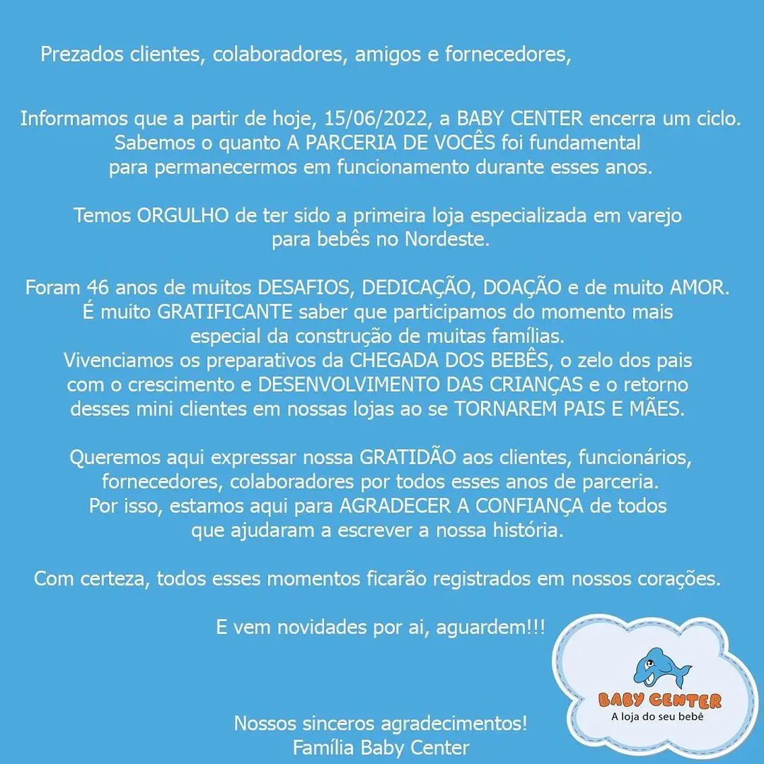 comunicado do baby center sobre o fechamento