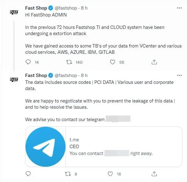 Tweets no perfil da Fast Shop sobre suposto ataque hacker