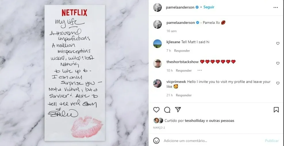 Com uma publicação no Instagram, Pamela Anderson anunciou que contará sua versão dos fatos pela Netflix