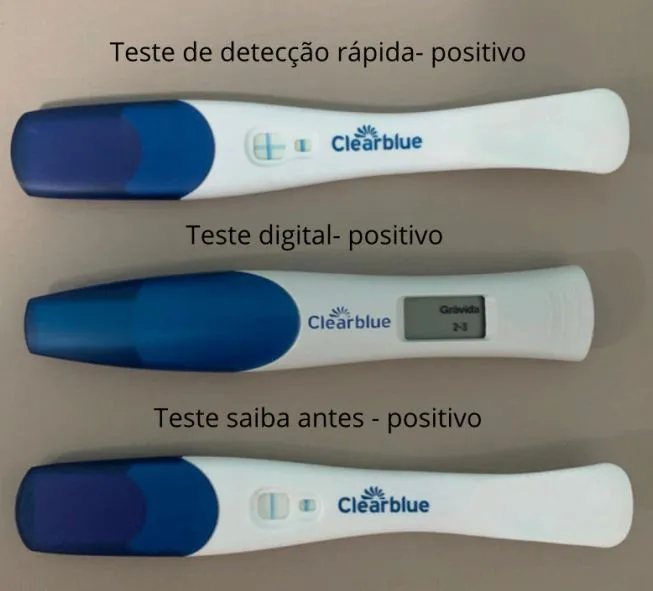 Imagens de resultados positivos nos três diferentes testes de gravidez do modelo Clearblue