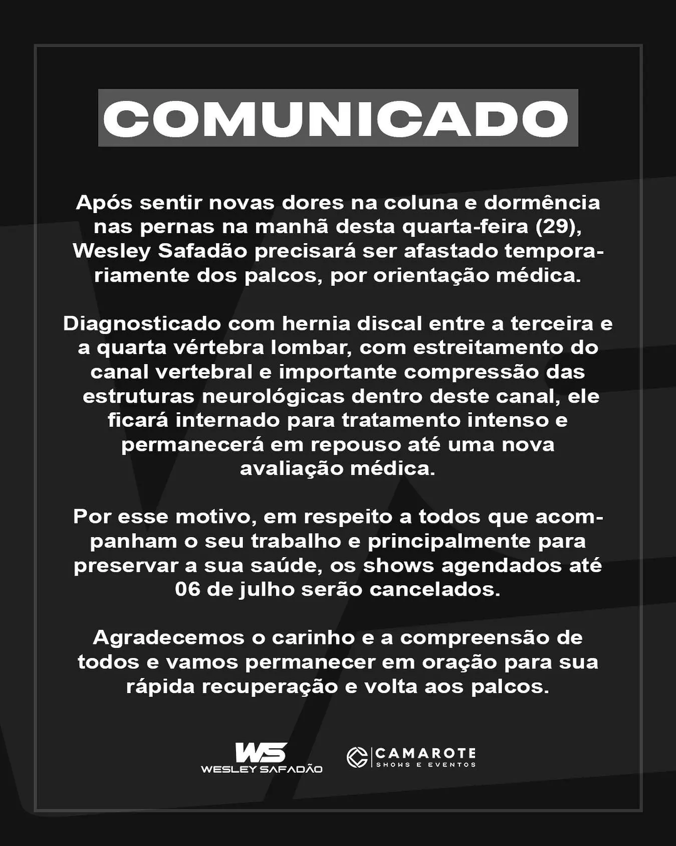 comunicado da equipe de wesley safadão sobre lesão na coluna