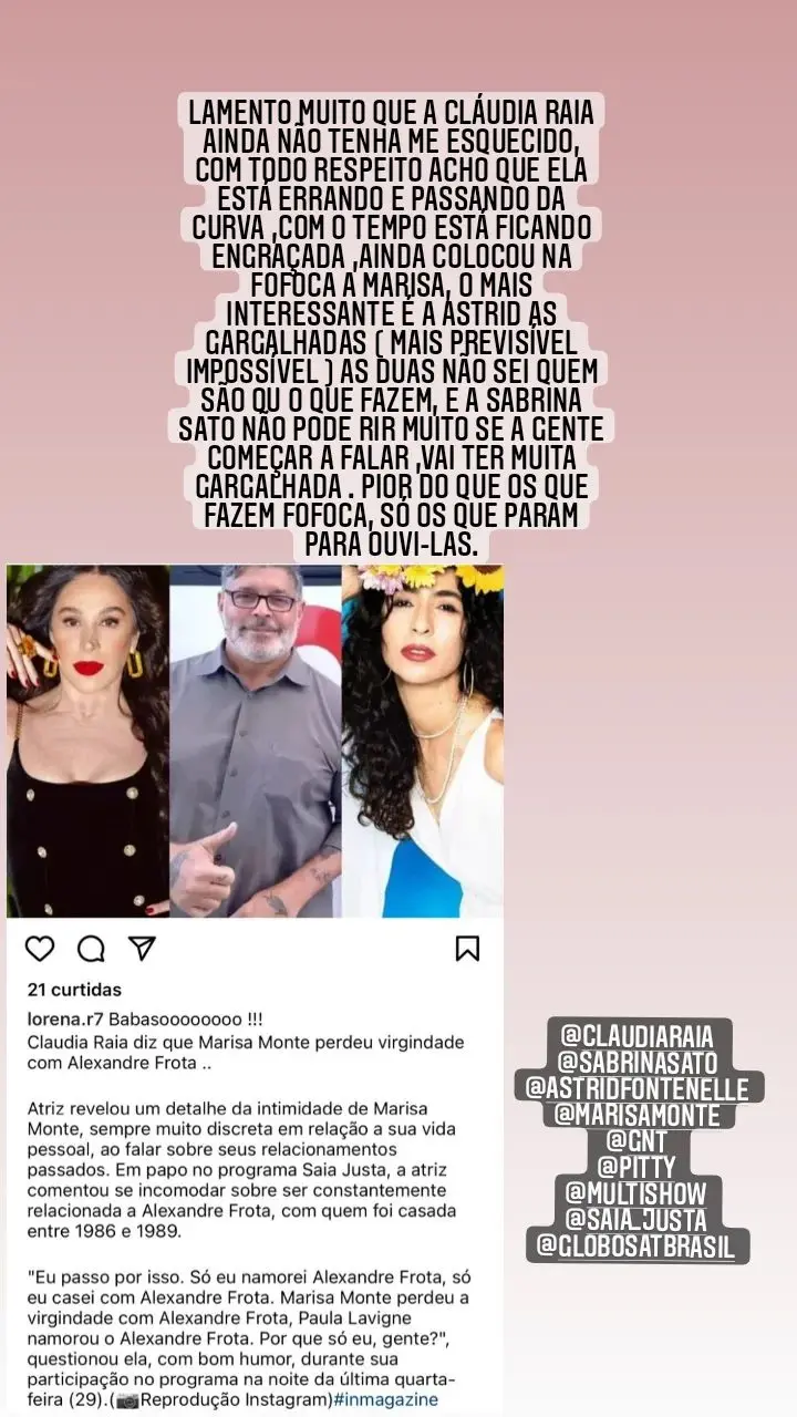 Print de storie em que Alexandre Frota lamenta exposição de Marisa Monte feita por Claudia Raia