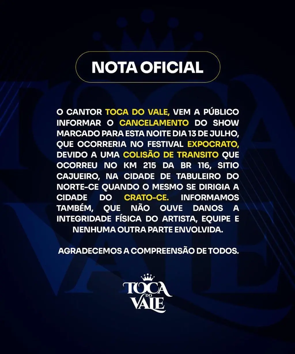 nota oficial de toca do vale sobre acidente