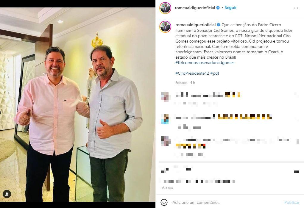 postagem do deputado romeu Aldigueri ao lado de cid gomes