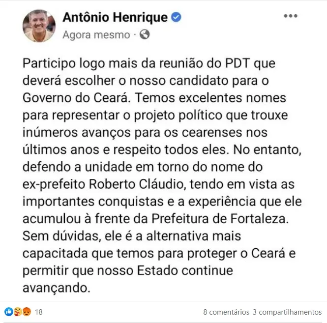 Antônio Henrique fez publicação para defender apoio