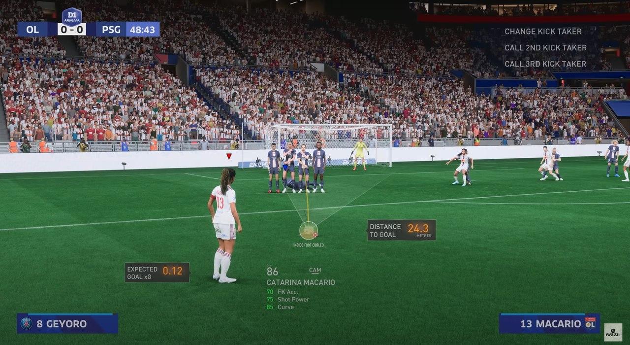 Reprodução de uma cobrança de falta no game Fifa 23