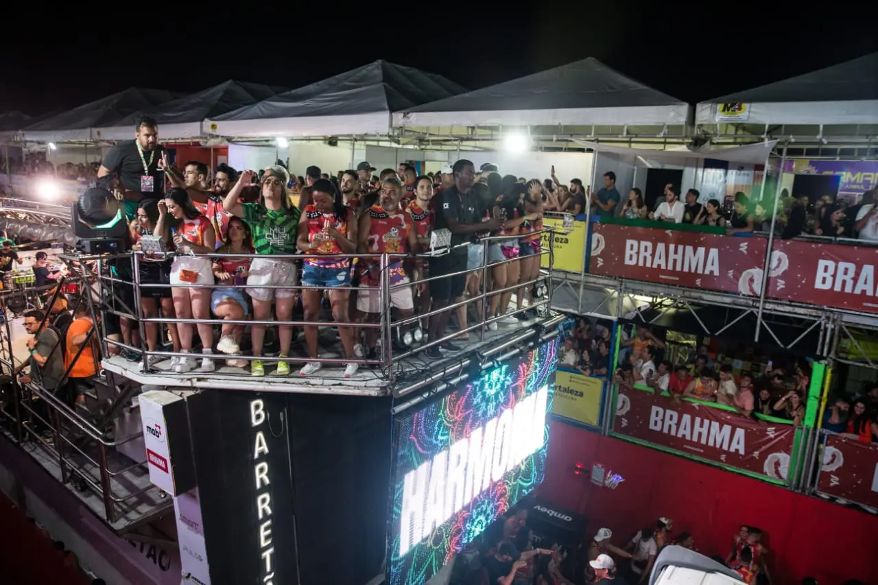 Imagem superior do bloco Bagunça, com o telão do Harmonia do Samba, passando no corredor.