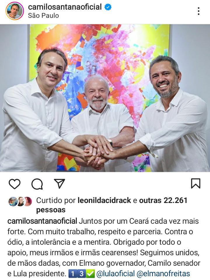 Post de Camilo Santana, ao lado de Lula, anunciando o nome de Elmano de Freitas como pré-candidato ao Governo do Estado pelo PT