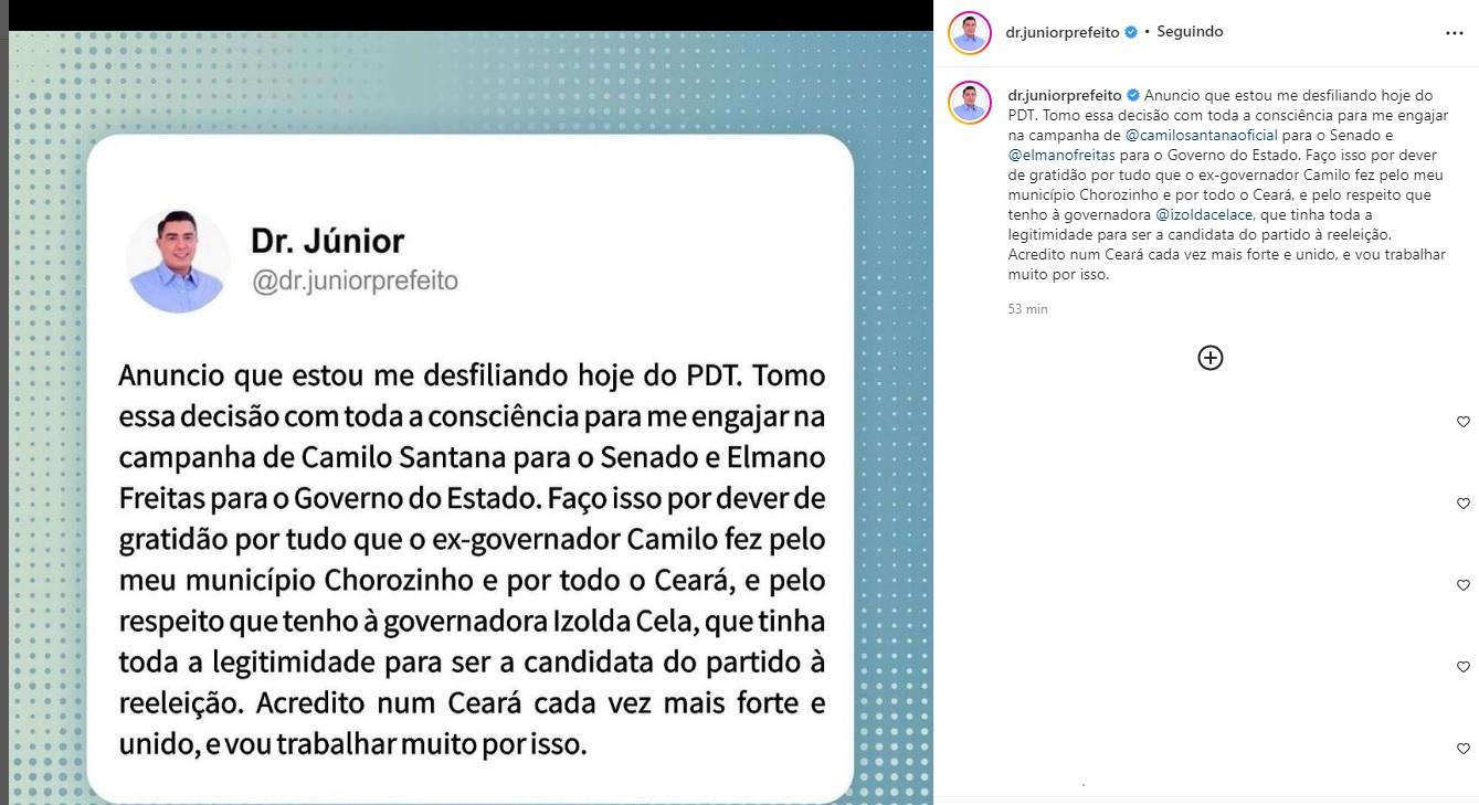 Prefeito de Chorozinho anunciou desfiliação nas redes sociais
