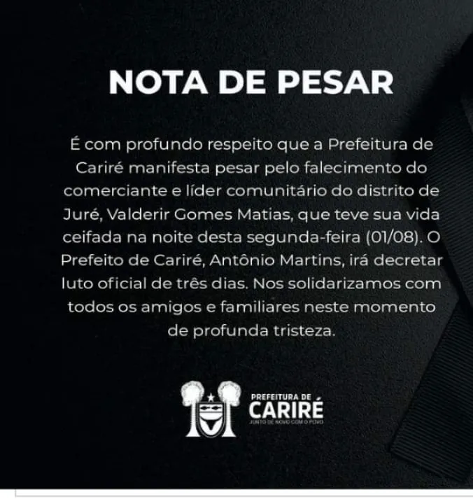 A Prefeitura soltou nota sobre o falecimento nas redes sociais