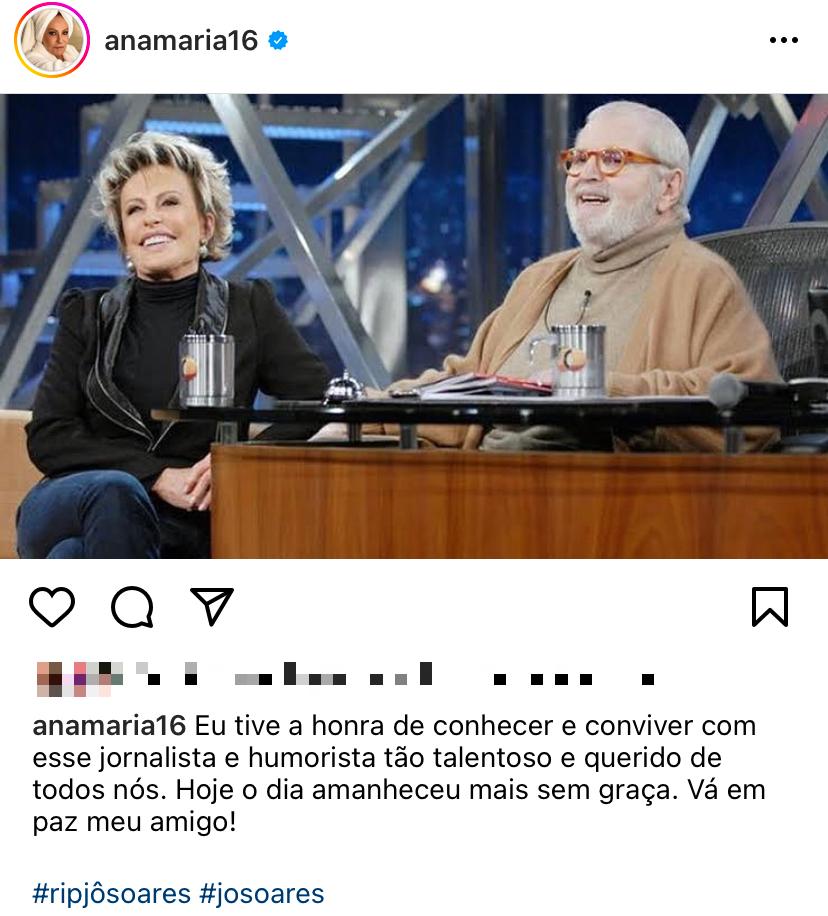 Ana Maria Braga lamenta morte de Jô Soares