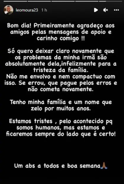 Stories de Léo Moura falando sobre o caso da irmã