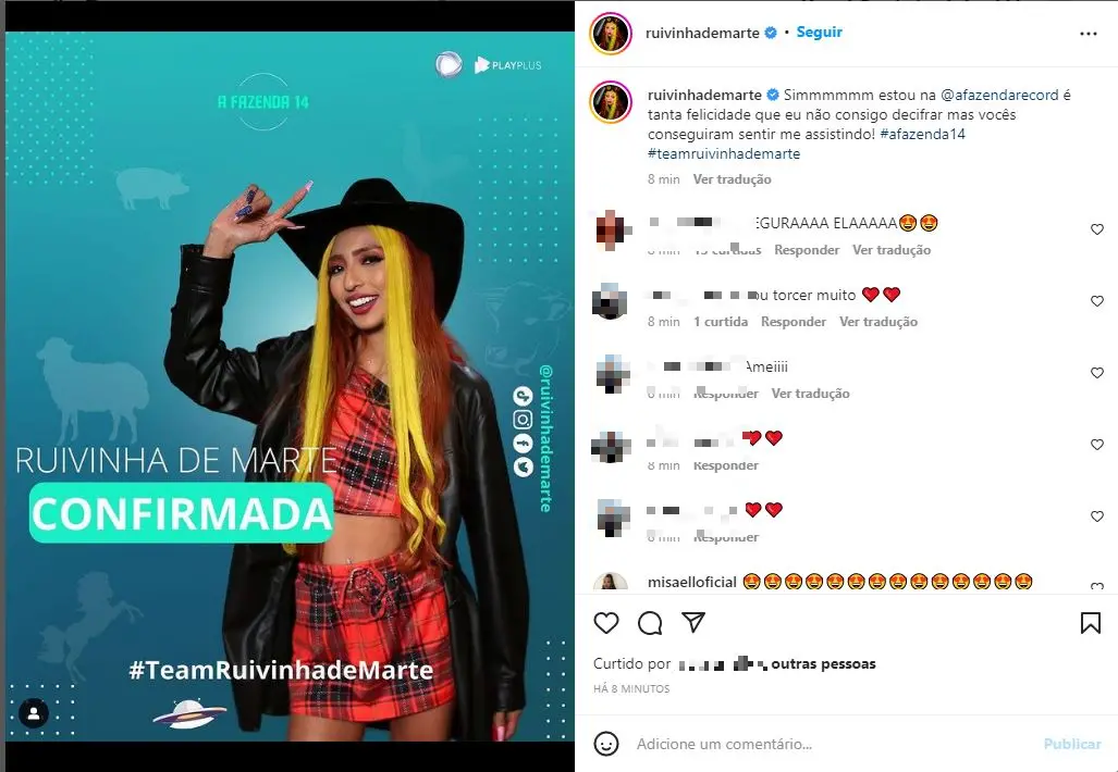Post de Ruivinha de Marte no Instagram anunciando participação na Fazenda 14