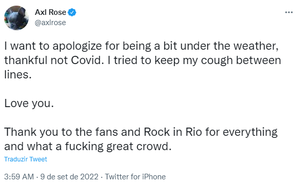 Em tweet, Axl Rose se desculpa por apresentação do Rock in Rio 2022