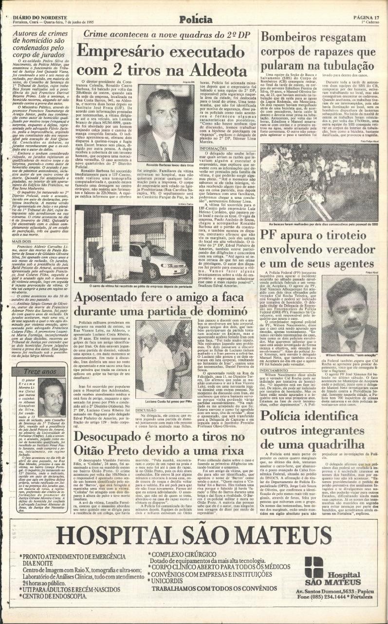 Assassinato do empresário Ronaldo de Castro Barbosa foi noticiado na edição de 7 de junho de 1995, do jornal Diário do Nordeste