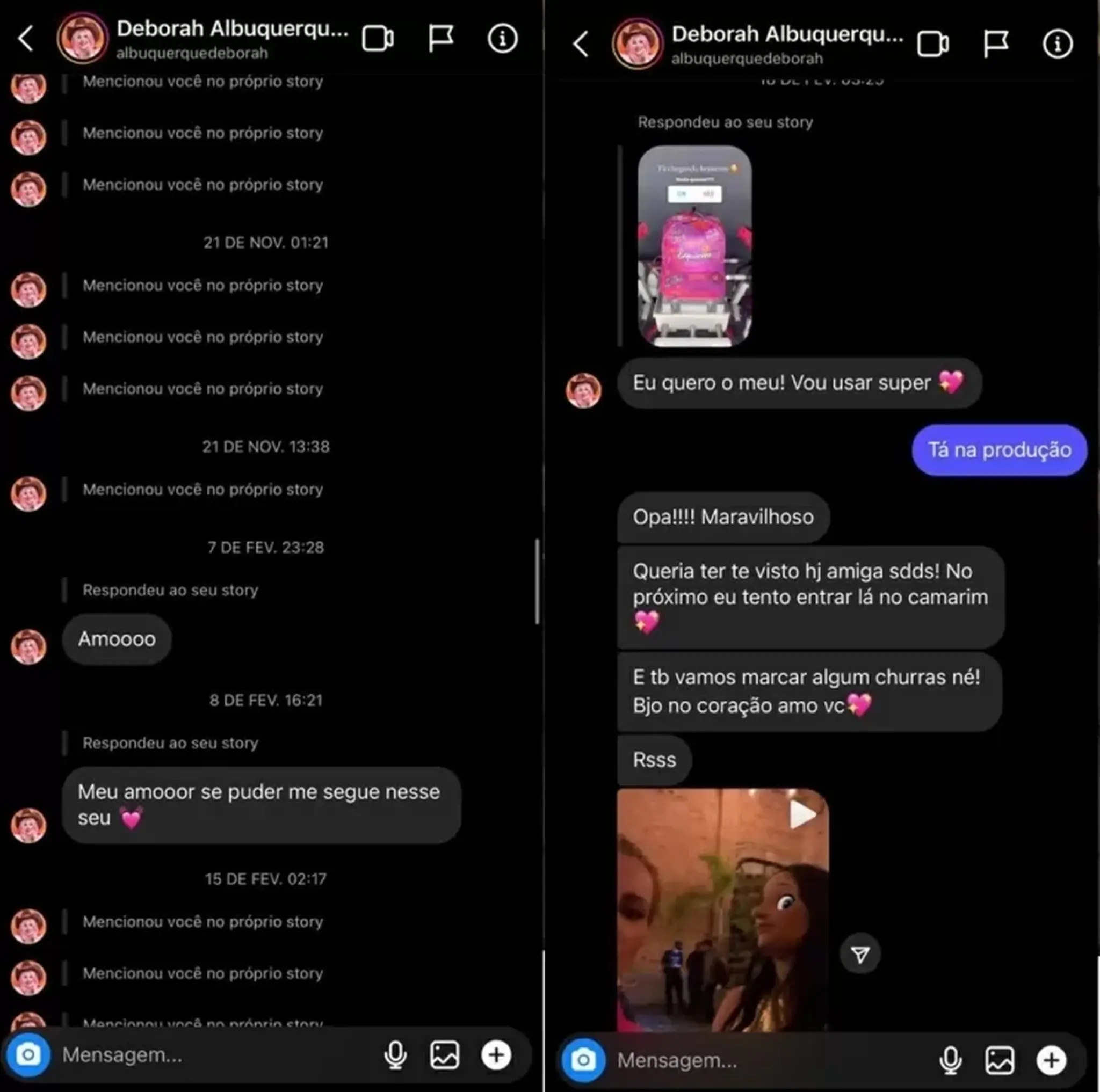 Prints de conversa entre Deolane Bezerra e Deborah Albuquerque no Instagram antes de A Fazenda 14