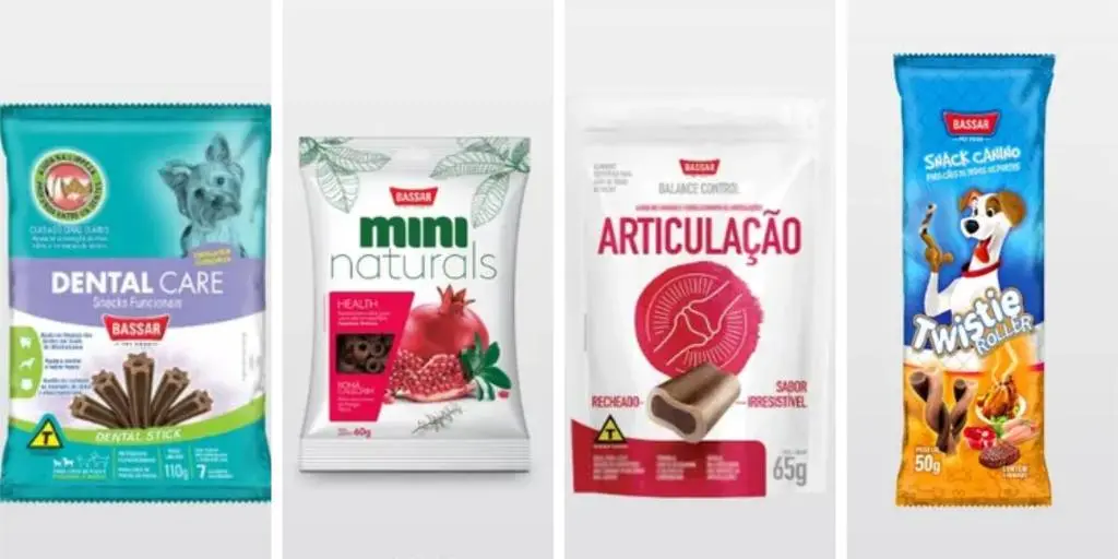Embalagens dos petiscos Mini Naturals, Dental Care, Twistie e Balance control, que tiveram o recolhimento determinado pelo governo
