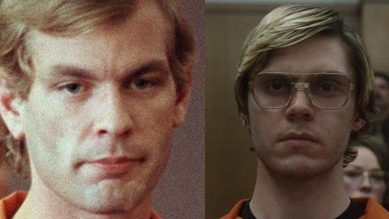 Montagem de uma imagem real de Jeffrey Dahmer e do ator Evan Peters interpretando o serial killer