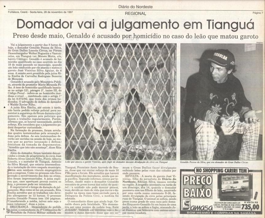 Decisão da Justiça de levar domador a julgamento por homicídio foi noticiado pelo Diário do Nordeste, na edição de 28 de novembro de 1997