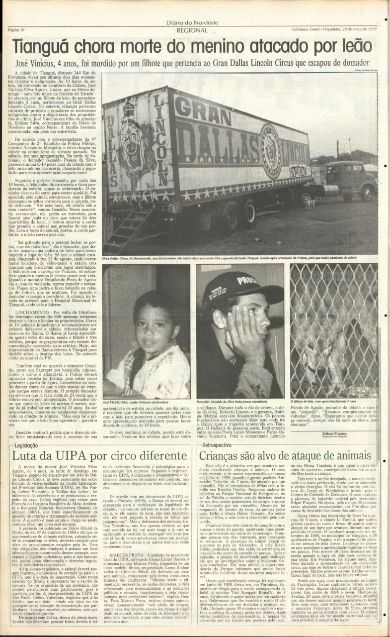 Comoção da população de Tianguá pelo ataque do leão à criança foi noticiado pelo Diário do Nordeste, na edição de 20 de maio de 1997