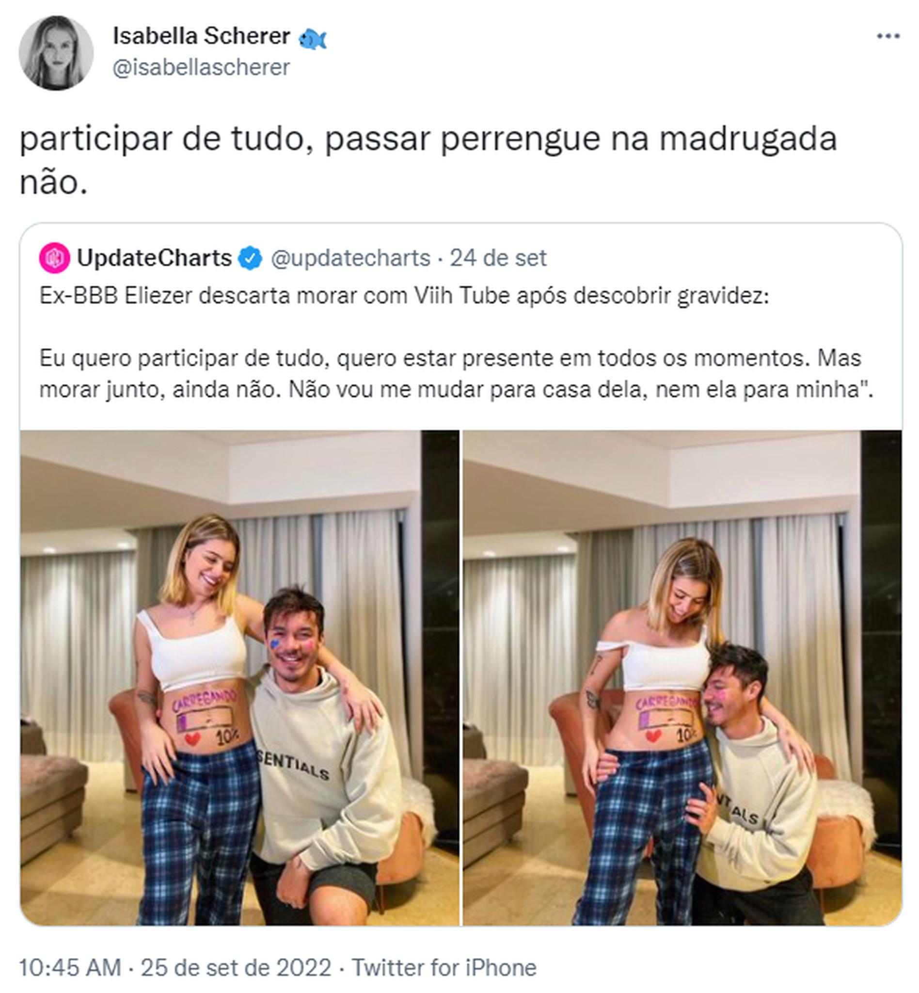 Print de tweet em que Isabella Scherer critica Eliezer