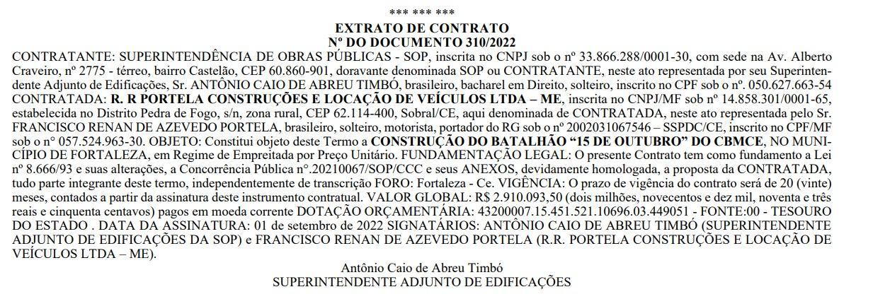 Diário Oficial do Estado mostra contrato sobre Quartel do Corpo de Bombeiros