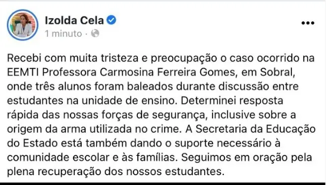 Izolda Cela em post no twitter