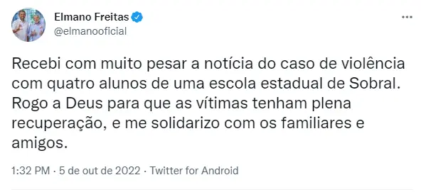 Print de publicação de elmano de freitas sobre tragédia em Sobral