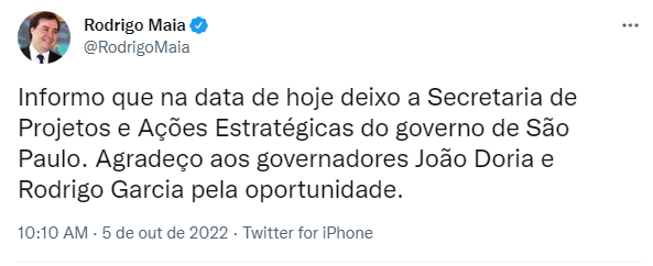 Tweet de Rodrigo Maia falando que saiu do governo de São Paulo