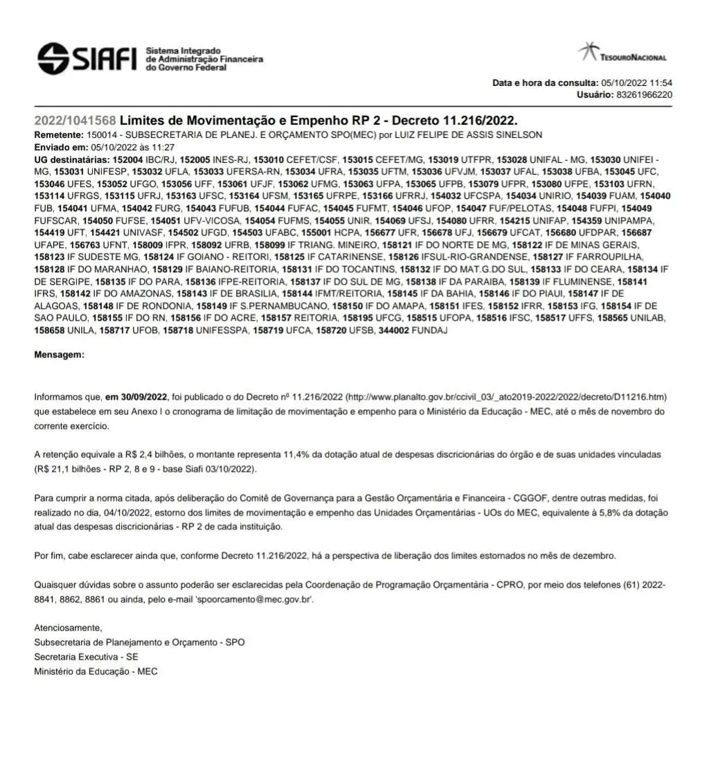 Documento do MEC falando sobre bloqueio de orçamento