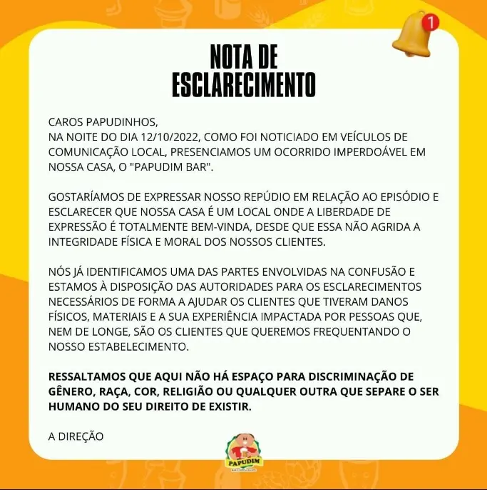 O Papudim Bar também confirmou a confusão e emitiu nota de esclarecimento, nas redes sociais