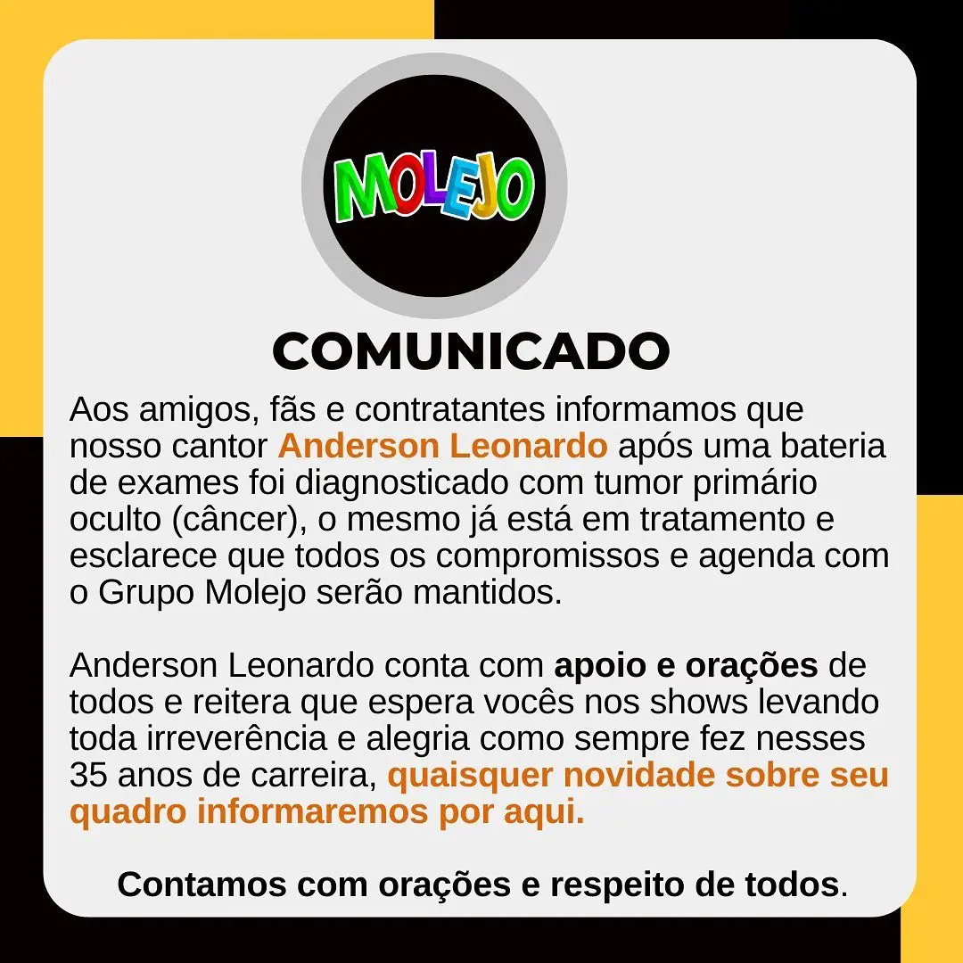 Comunicado do grupo molejo sobre câncer do cantor Anderson