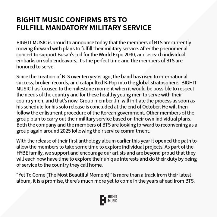 Anúncio BigHit sobre serviço militar obrigatório BTS