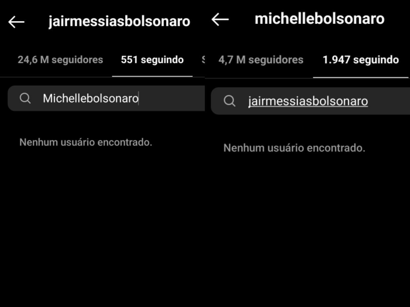 print de telas de celular mostram que jair e michelle bolsonaro não estão se seguindo