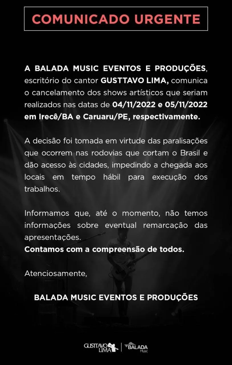 Comunicado de cancelamento de shows de Gusttavo Lima