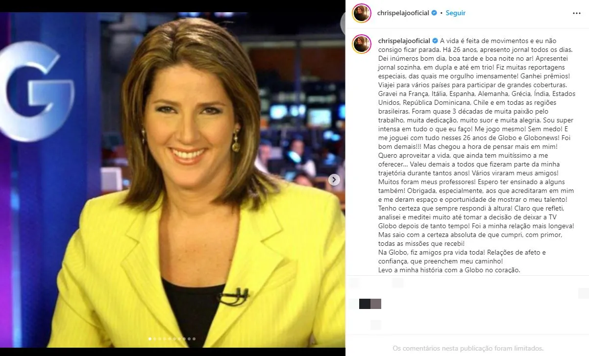 Christiane Pelajo agradeceu as oportunidades e os telespectadores