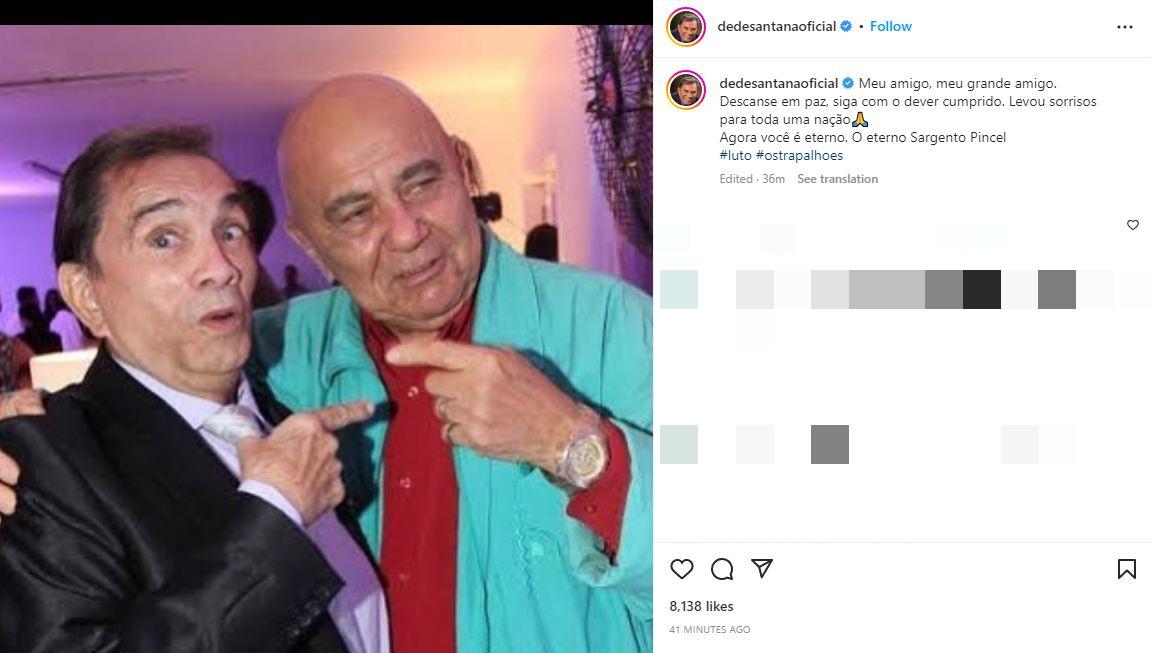 Print de post do Instagram de Dedé Santana sobre morte de Roberto Guilherme