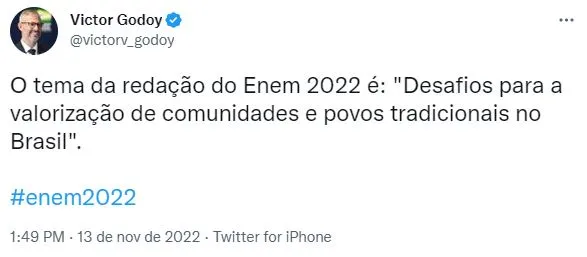 Tema da redação foi divulgado pelo ministro da Educação