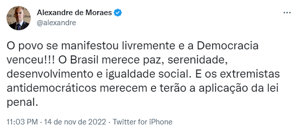 Print de tweet de Alexandre de Moraes sobre ataques a ministro do STF em Nova York, 14 de novembro de 2022