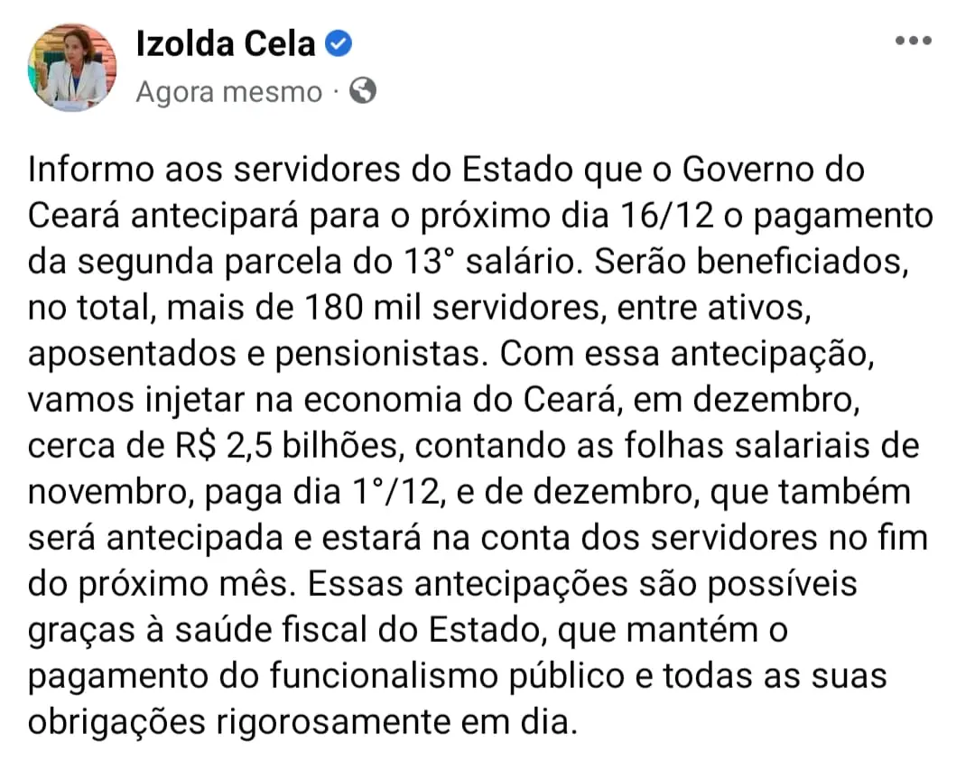 Tweet de Izolda Cela sobre adiantamento do pagamento da segunda parcela do 13º salário dos servidores do Ceará