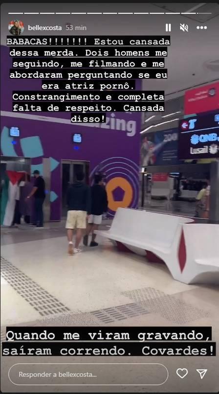 Isabelle Costa mostra dupla de homens em story que teriam a perguntado se ela era uma atriz pornô em estação de metrô no Catar