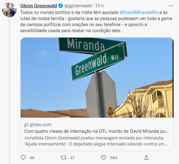 Tweet de Glenn Greenwald em resposta a internauta que enviou mensagem com foto de cruzamento de ruas com sobrenome dele e do marido: Miranda e Greenwald