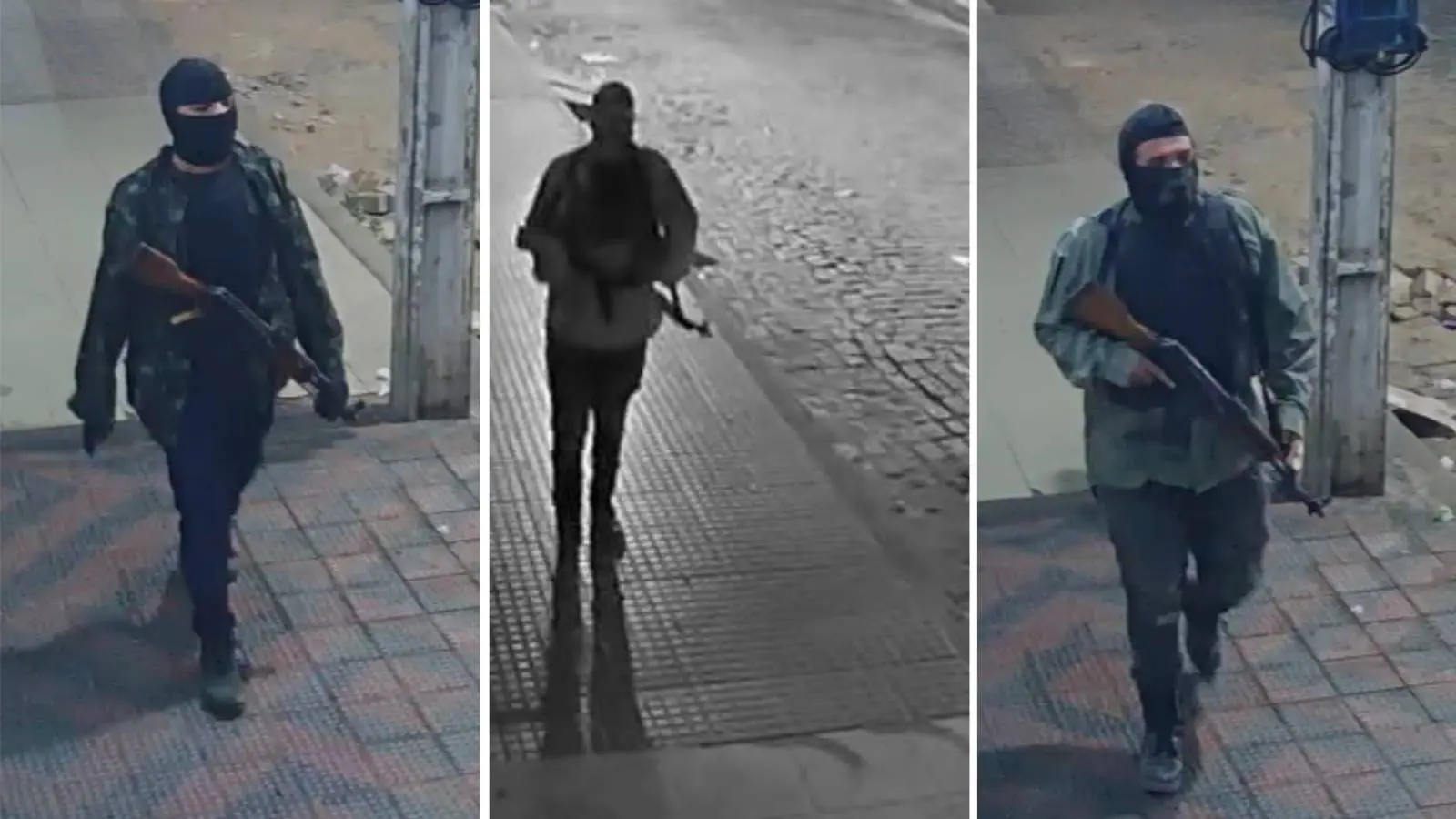 Montagem com imagens de câmeras de segurança que mostram homens encapuzados e armados transitando próximo ao Banco do Brasil, em Ipu, em 7 de dezembro, data em que a agência foi atacada por criminosos